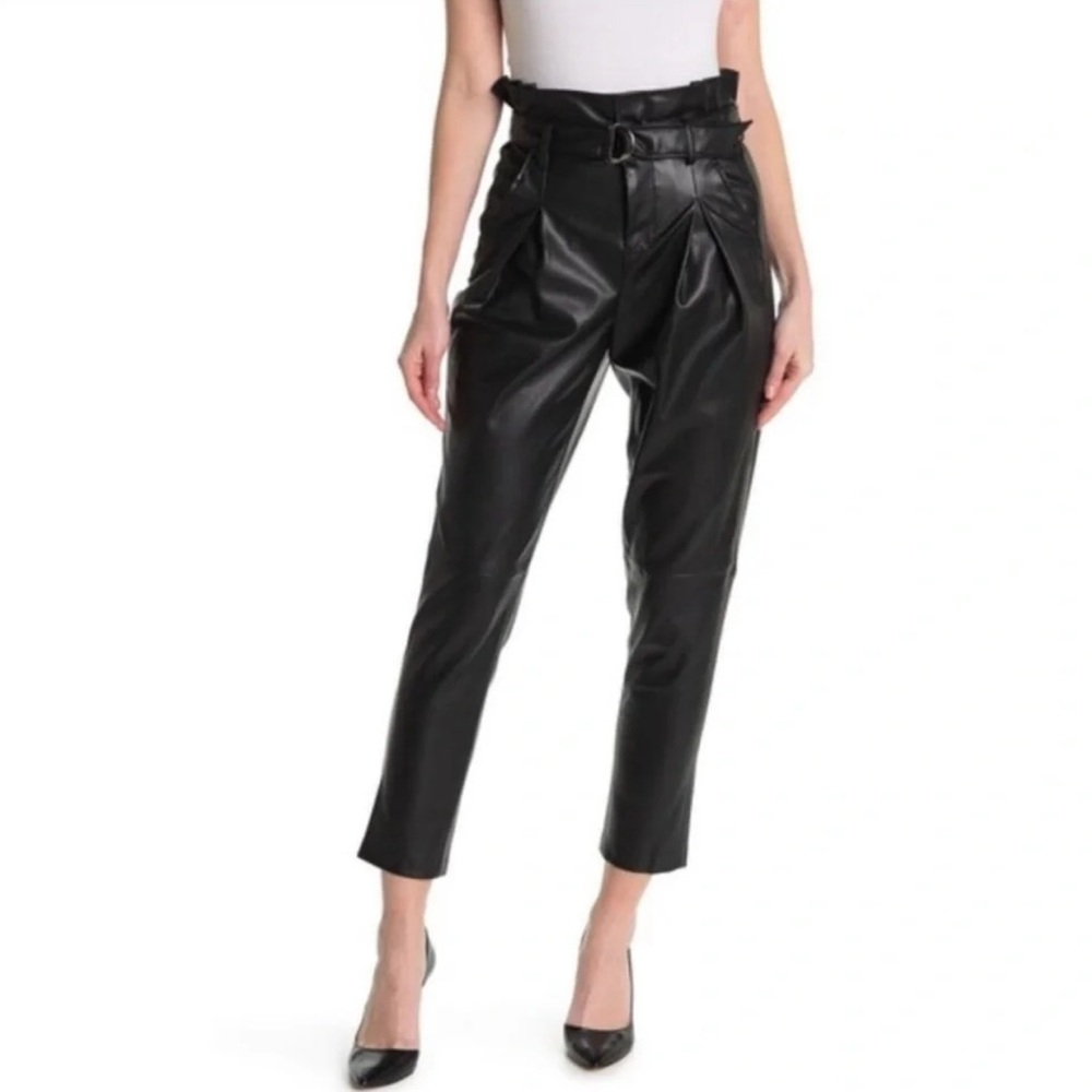 Blank NYC Paperbag Waist Vegan Faux Leather Black High-Waisted Belted Pants 24